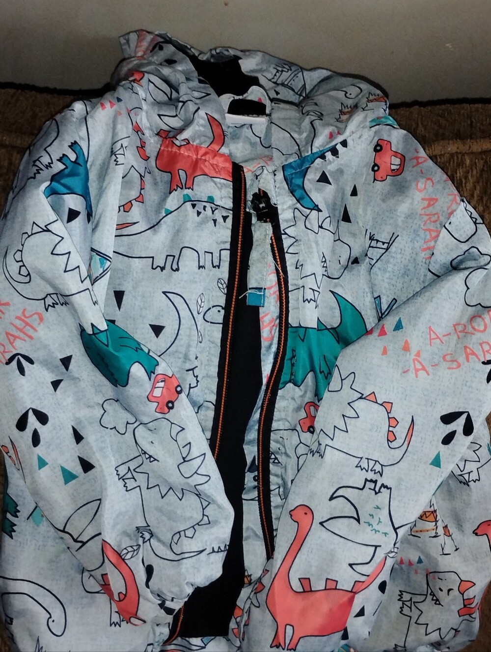 Kids Hooded Dinosaur Print Jacket - Gray with Teal & Coral